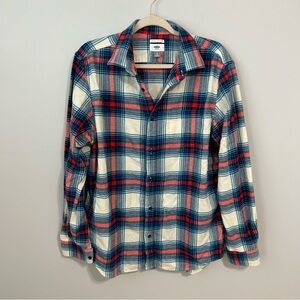 Old Navy Men's Medium Cotton Blue Red White Long Sleeve Plaid Flannel Shirt